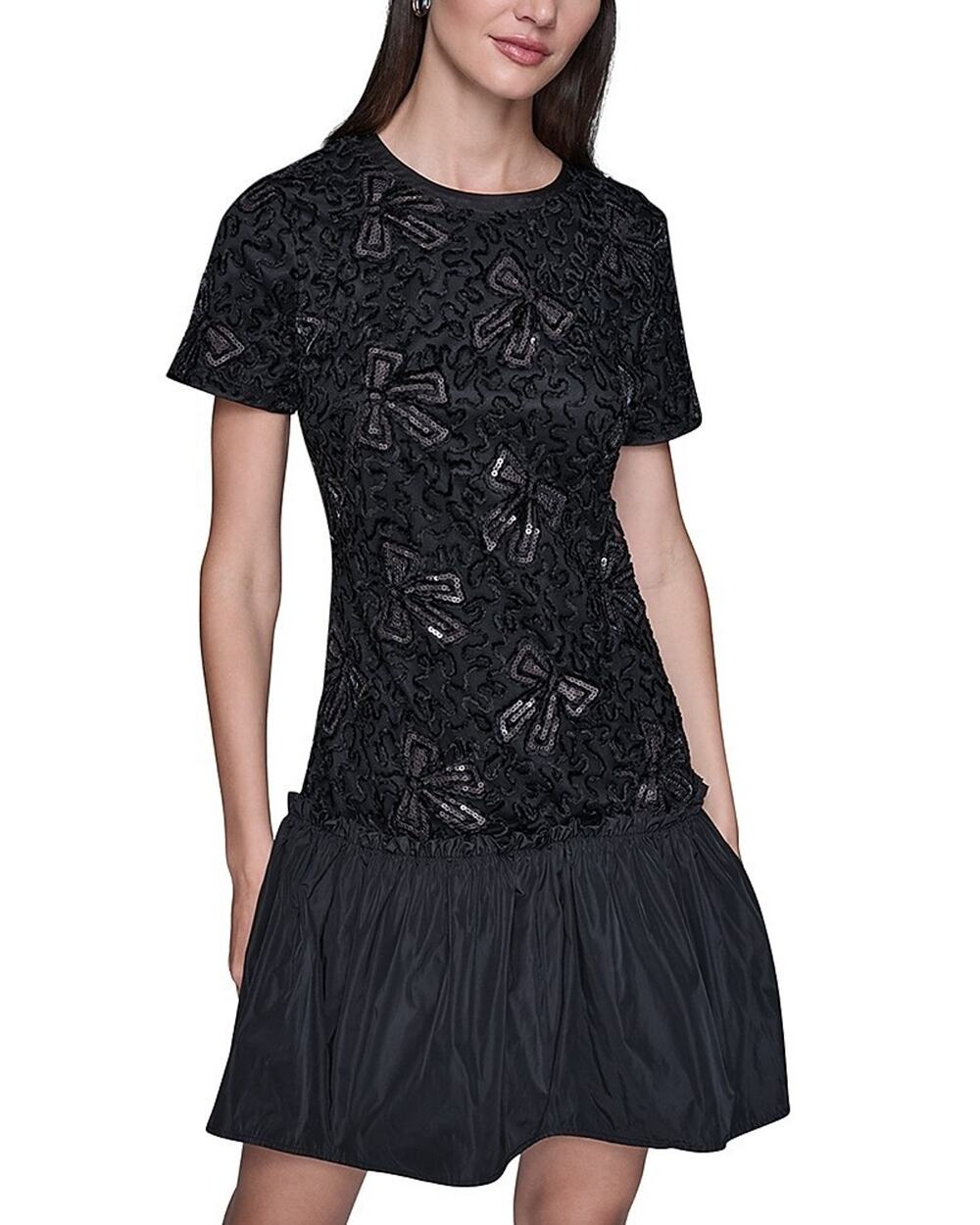 KARL LAGERFELD PARIS Chenille Sequin Mesh A Line Dress Black Size 6 0294